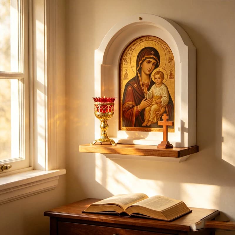 Orthodox Vigil Lamp Gold Plated Metal Red Glass Candle Holder with Cross Motifs for Church Home Shrine Religious Devotion Gift