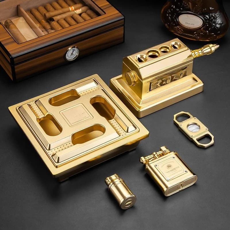 Cigar set, deluxe set, five-piece set, lighter, cigar cutter, ashtray, cigarette holder, gift box.