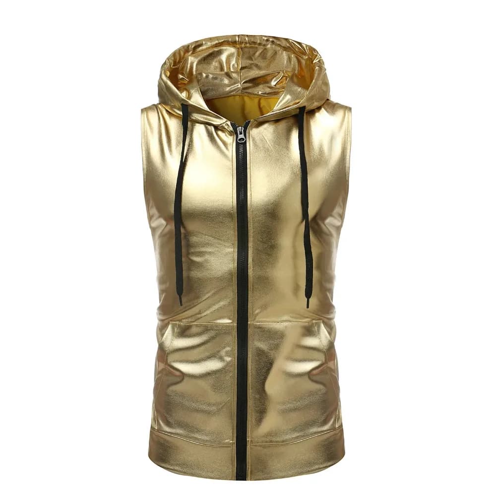 Gold Silver Black Color Sleeveless Top Men Summer Fashionable Dance Bright Color Hooded Drawstring Zipper Vest