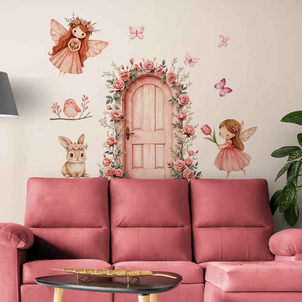 Dream Cute Rabbit Butterfly and Flower Door Combination Living Room Bedroom Background Decoration Sticker