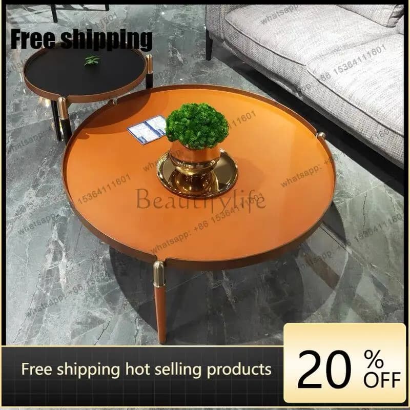 XX Italian minimalist walnut round coffee table household light luxury stainless steel short table