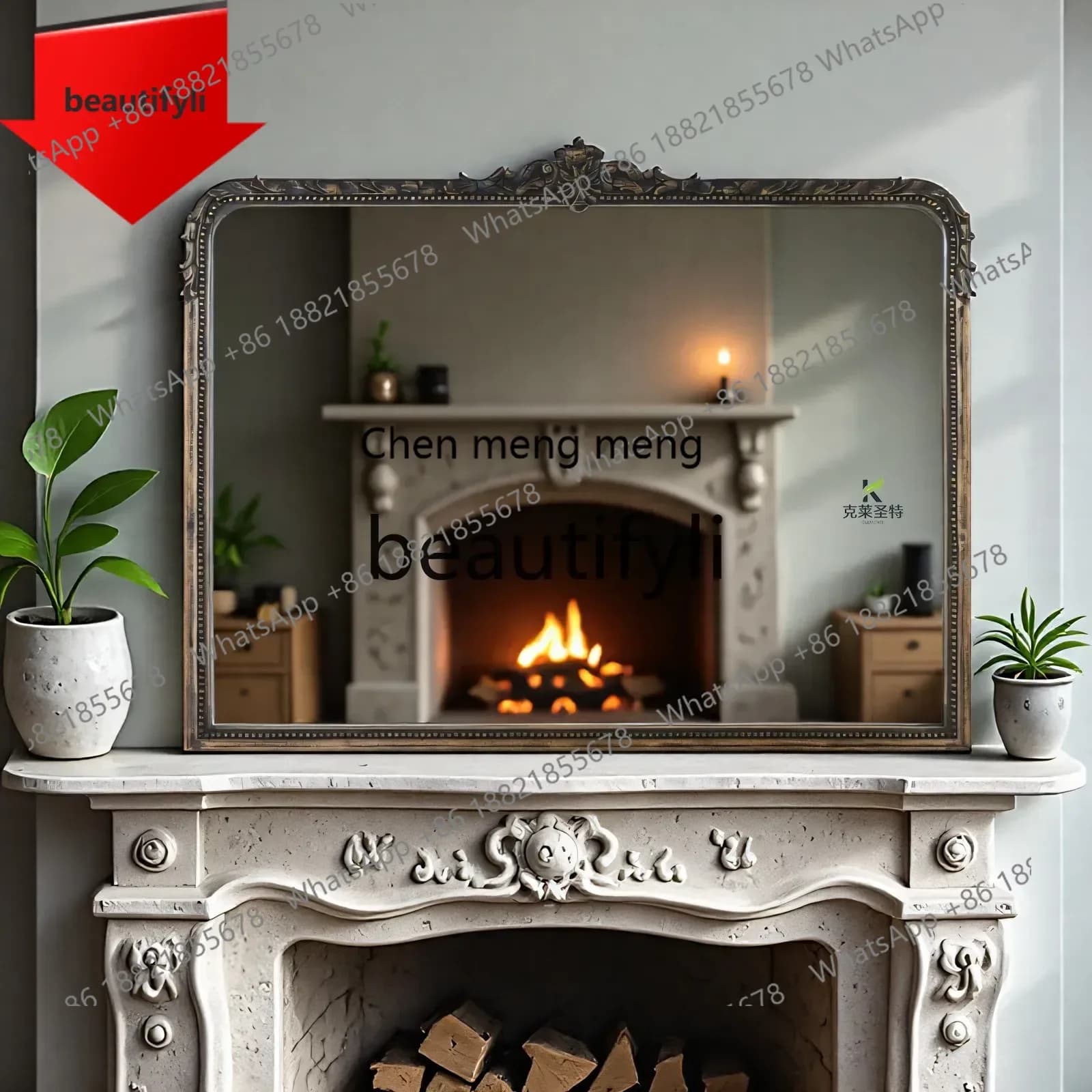 B32 French retro bathroom mirror, wall hanging, American carved porch living room fireplace decorative mirror