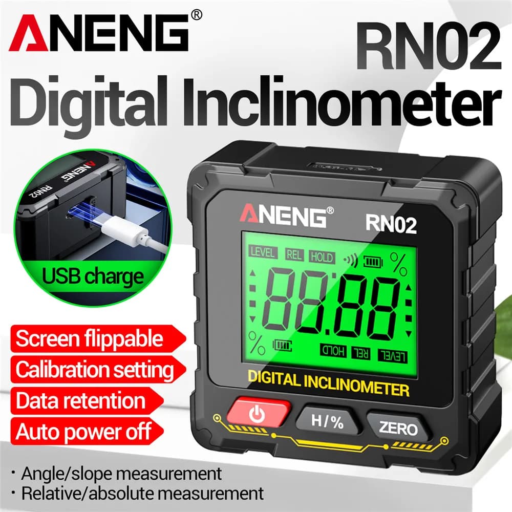 ANENG RN02 Magnetic Digital Angle Finder USB Rechargeable Angle Gauge Laser Inclinometer Level Magnets Angle Ruler Protractor