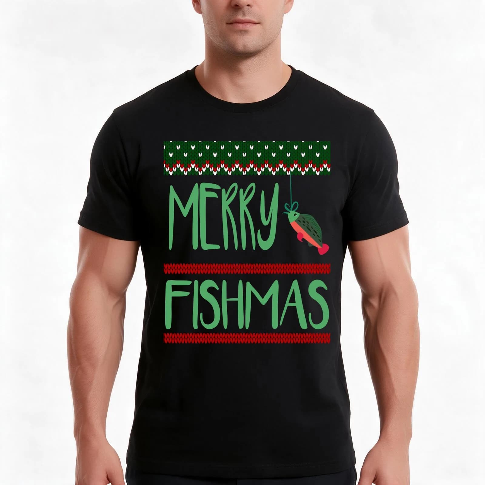 Fisherman Funny Christmas Pajama Merry Fishmas Ugly Fishing T-Shirt, Summer Casual Cotton Tee, Oversized Streetwear Tops