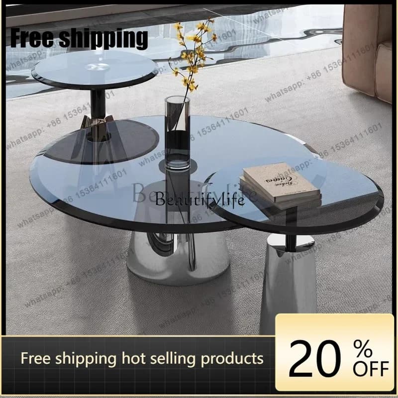 JJ Round tea edge several household small apartment living room coffee table stainless steel tempered glass
