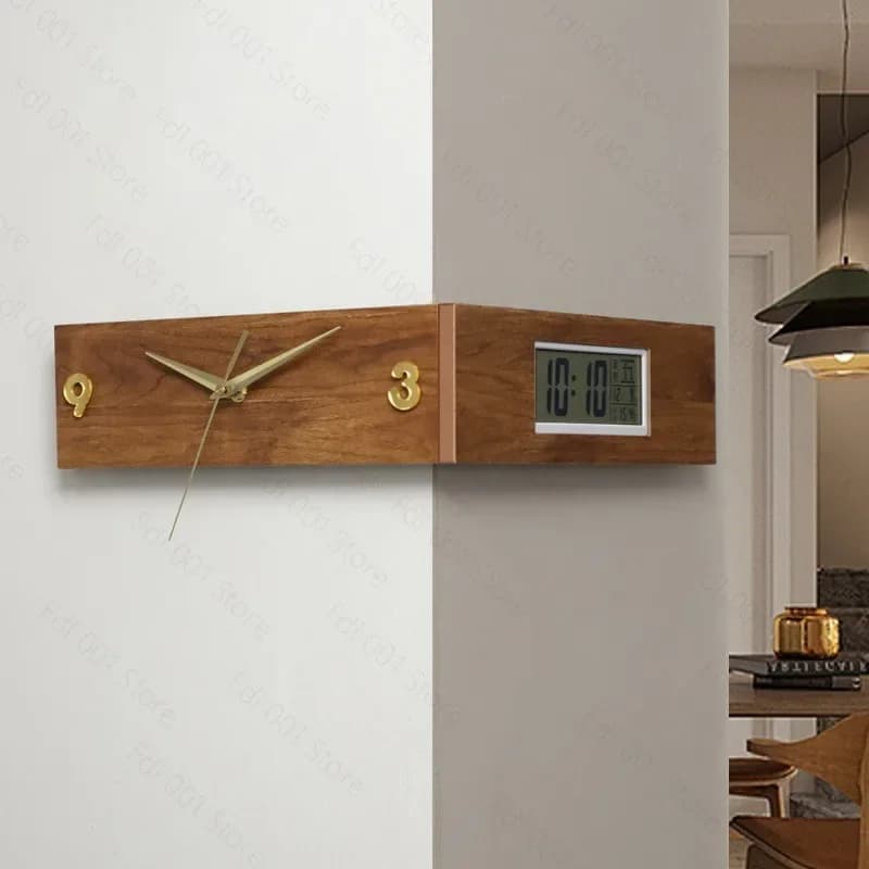 Dual Sided Corner Wall Clock Walnut Color Wall Mount LCD Clock For Living Room Restaurant