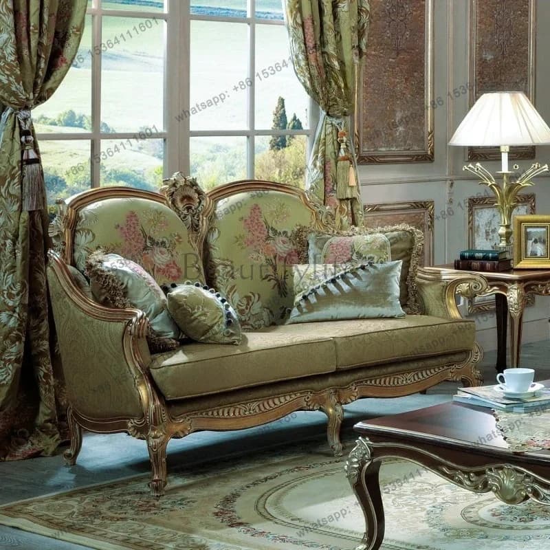 yj57 European classical solid wood carving flower living room combination furniture retro old single double three sofa