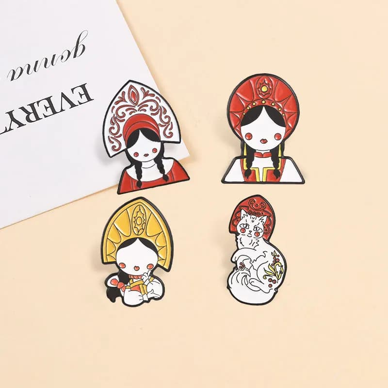 Russian Traditional Girl Design Brooch Vintage Cartoon Cat Metal Badge Enamel Pin Unisex DIY Clothing Bags Hat T-shirt Accessory