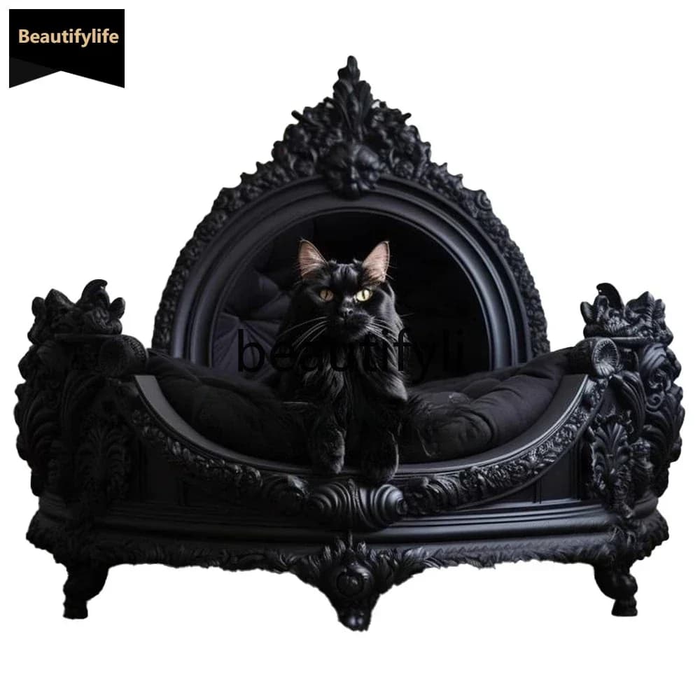54Dark Style Cat House Dog House Indoor Solid Wood Carved Cat Bed Dog Bed Pet Furniture