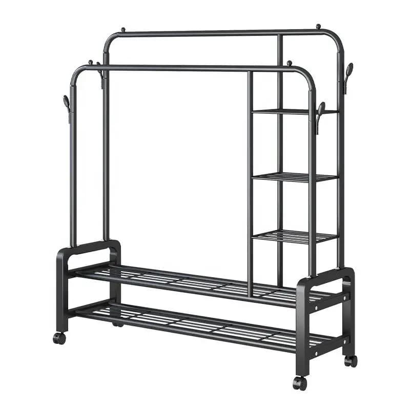 standing Metal Black Retail Garment Double Rod Boutique Display Shelves Clothes Racks Stands for Shops Store with Wheelspromote