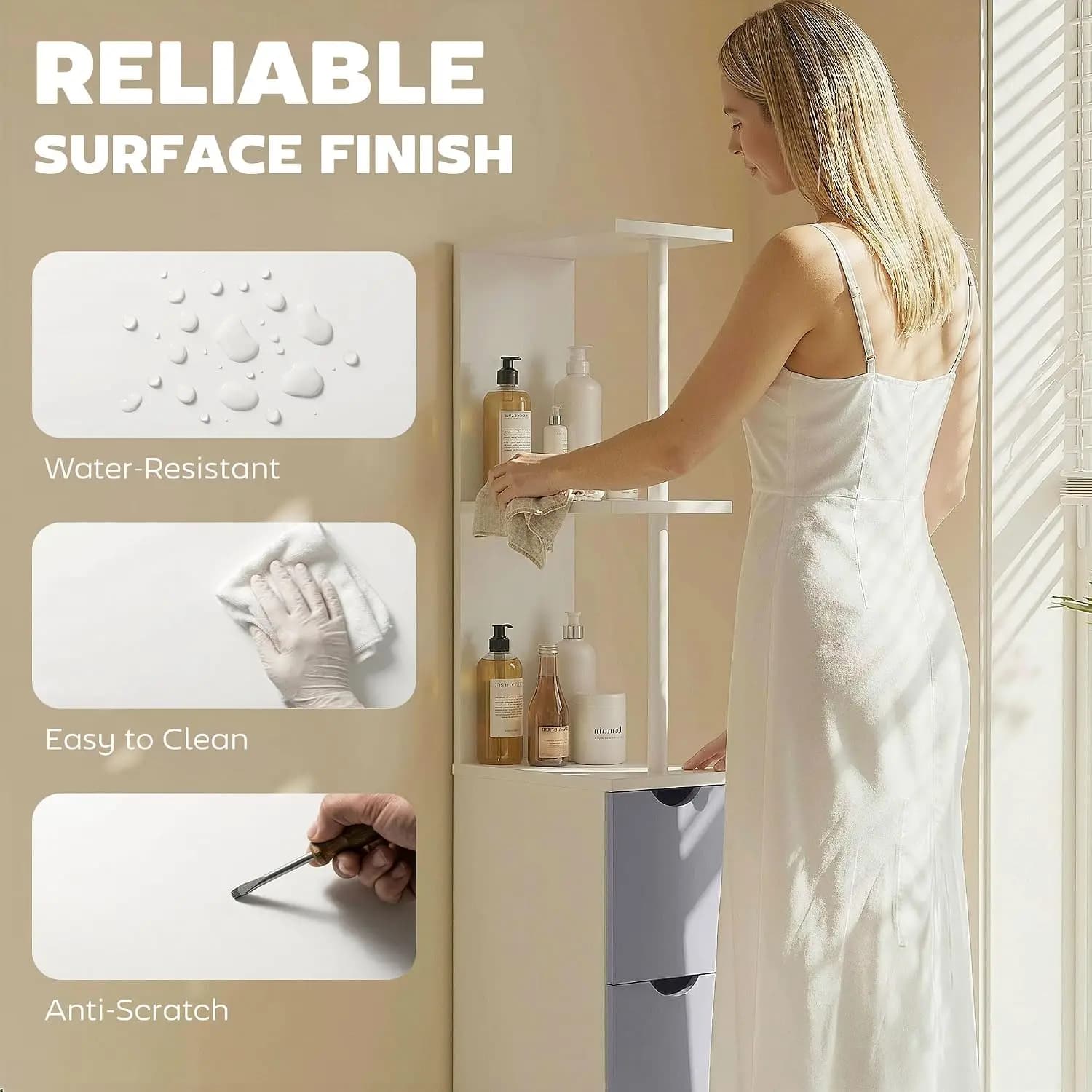 54" Tall Bathroom Storage Cabinet, Freestanding, 2-Tier Shelf, White