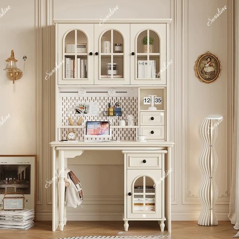 French cream-style solid wood household corner desk and chair combination
