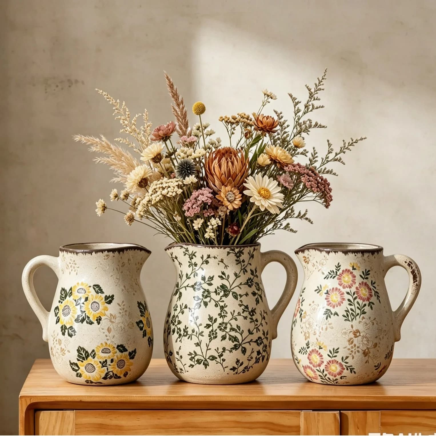 Retro Floral Printed Ceramic Pitcher Vase Crackle Glaze Flower Vase Dried Fresh Flower Holder Kitchen Storage Home Living Room