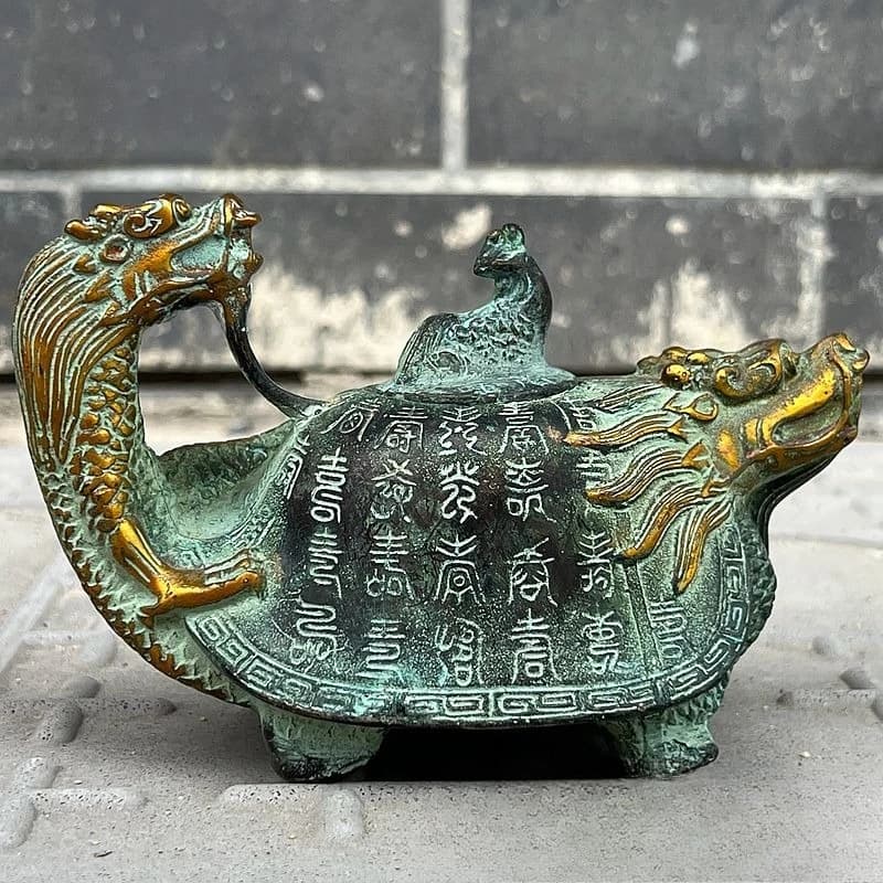 Antique Bronze-gilded Dragon Turtle Copper Teapot Statue Longevity Turtle Wine Jug Ornament Home Decoration