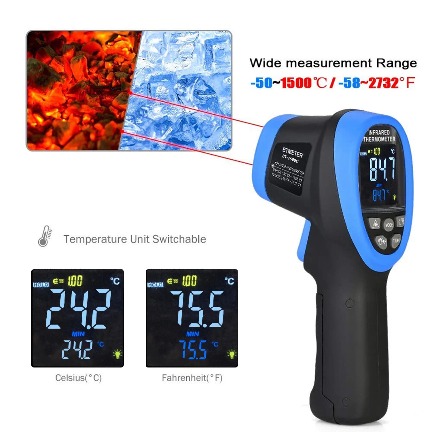BT-1500C Pyrometer Non Contact Laser Infrared Thermometer Measures -58℉ to 2732℉ High Temp,IR Temperature Gauge with Color LCD