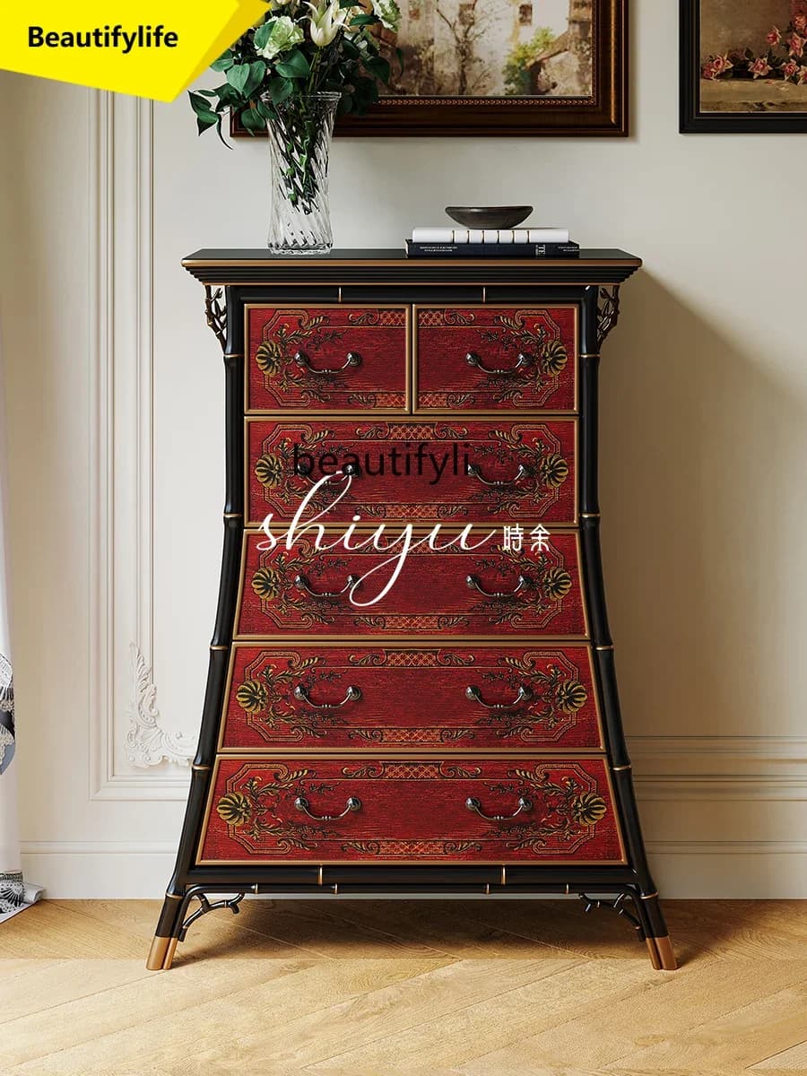 K185 Bamboo Decorative Entryway Cabinet Vintage French Retro Side Cabinet American Style All Solid Wood Painted