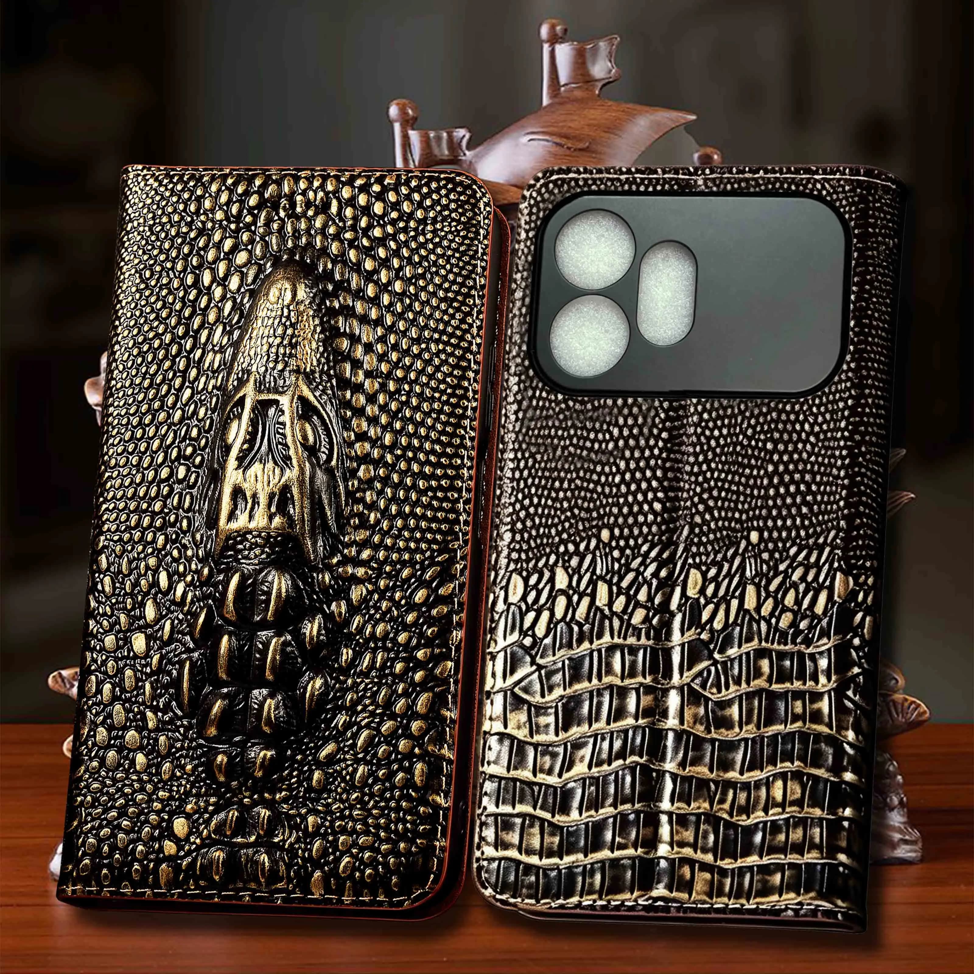 For Honor 80 90 100 200 300 400 500 600 Pro Lite Ultra Smart SE GT Vintage Crocodile Head Pattern GenuineLeather Flip Phone Case