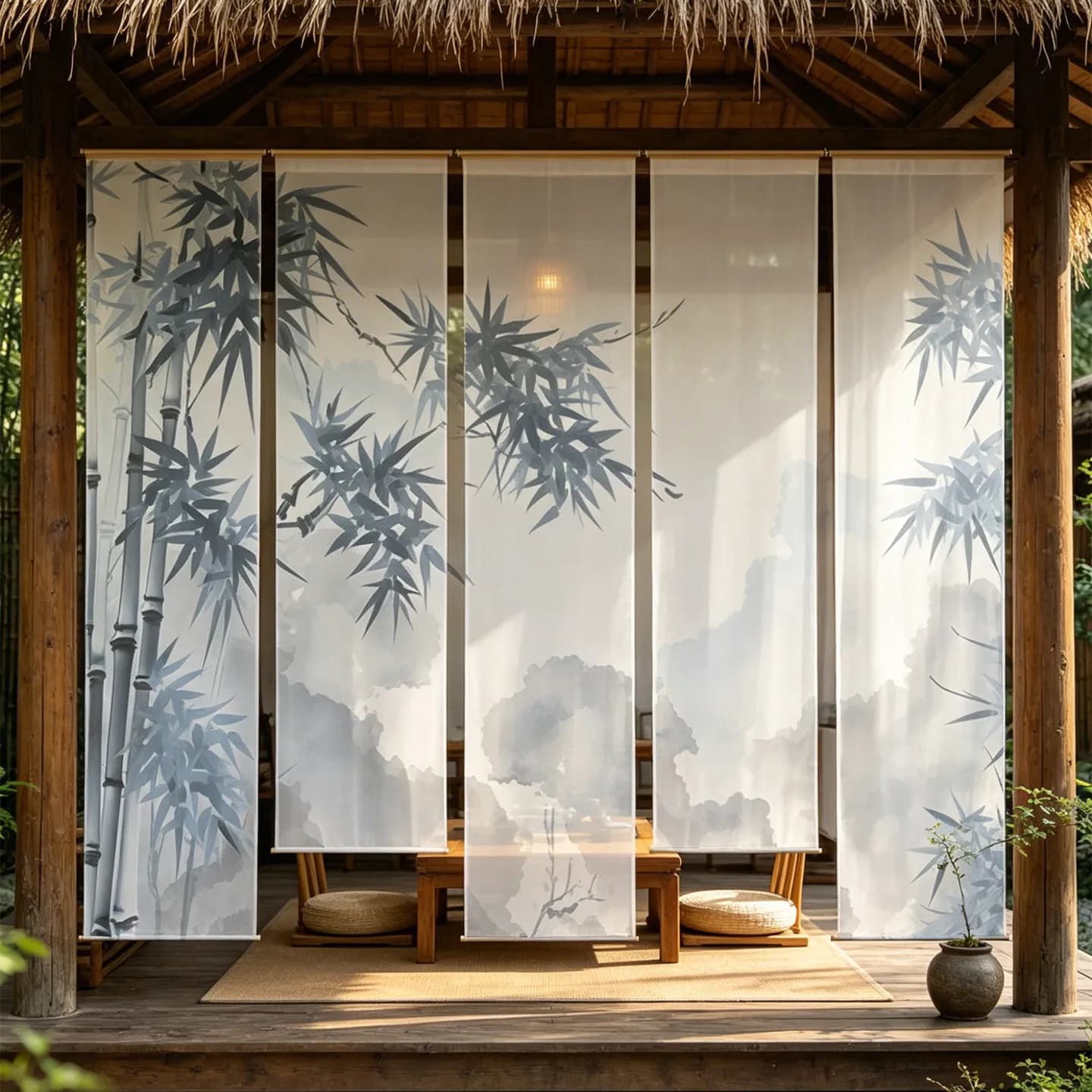 Bamboo Sheer Curtain Room Divider – 5 Panel Chiffon Drape, Semi Transparent Privacy Screen for Patio, Porch & Living Room Decor