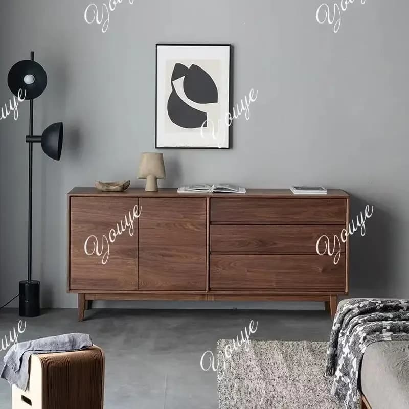 J New Chinese-style Solid Wood Dining Side Cabinet, Log Wind Black Walnut Chest Cabinet, Living Room Simple Storage Cabinet