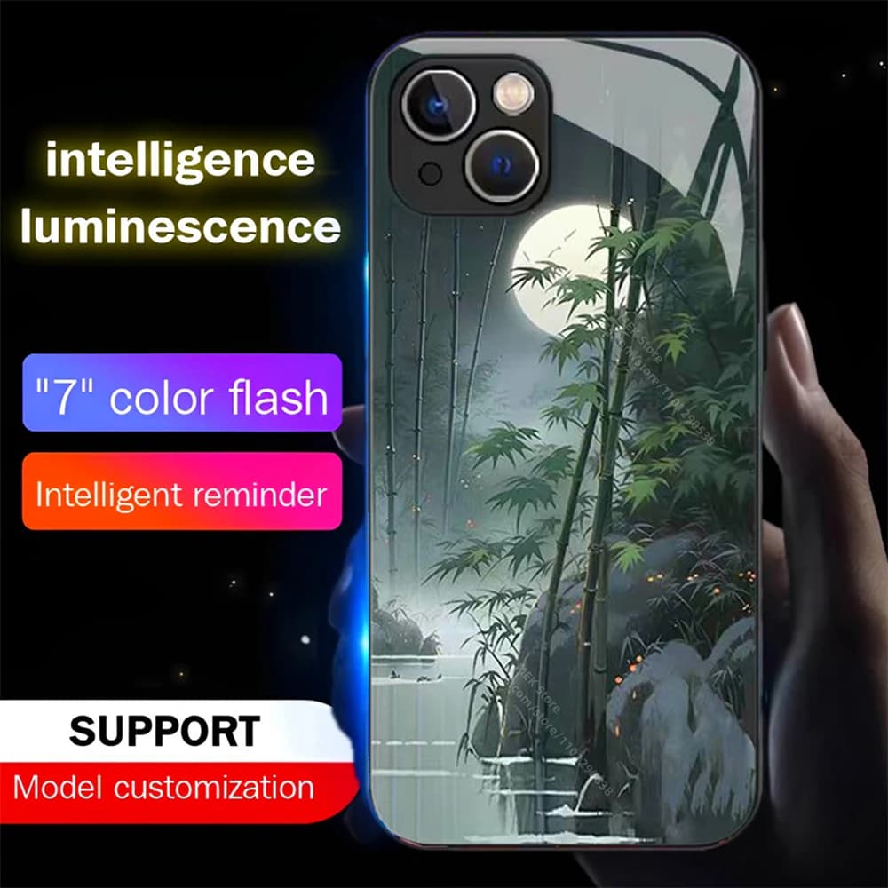 Pretty Bamboo Forest Design Smart LED Light Up Glowing Glass Phone Case For iPhone Air 17 16 E 15 14 13 12 11 Pro Max Plus