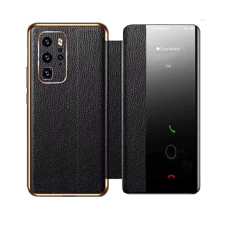 Luxury Litchi Pattern Genuine Leather Smart Case for Huawei P30 P40 P50 Pro Auto Wake Up & Sleep Smart Window View Flip Case