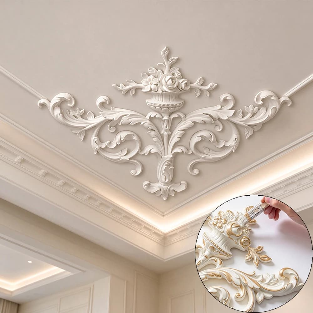 PU Decorative Corner Onlay Applique, Paintable Ceiling Medallion French Floral Molding for Wall Ceiling Fireplace Home Decor