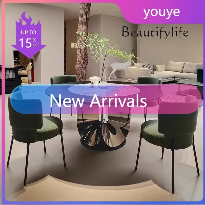 N36 A Minimalist Solid Wood Inlaid Marble Round Dining Table Stainless Steel Mirror Round Table Light Luxury High-end Dining Tab