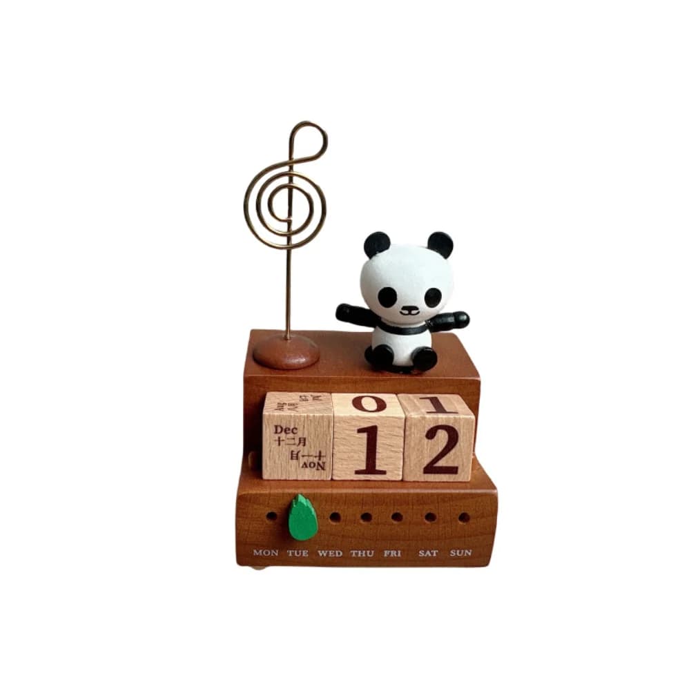 Panda Calendar-Style Wooden Music Box Calendar Wooden Base Office Desk Memo Clip Calendar Music Box Ornament