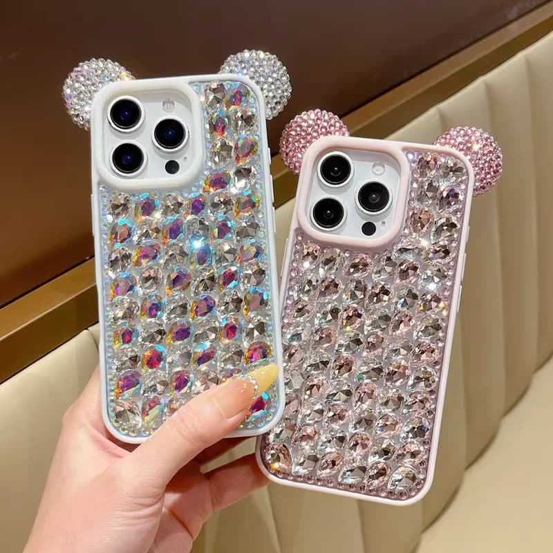 Cute 3d Ear Diamond Case for iPhone 16 Pro Max Casing 15pro 14pro 13Pro Max Phone Cases Women Bling Shockproof Hard Cover