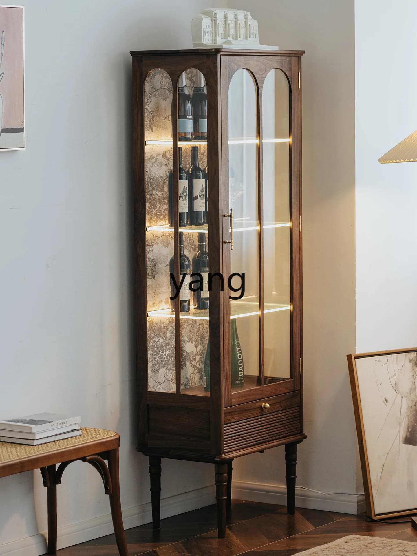 LH Black Walnut Solid Wood Living Room Handcrafted Glass Storage Cabinet