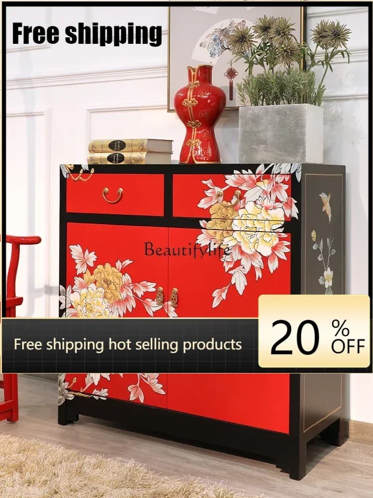 X4 New Chinese handpainted peony red mystery cabinet living room national style decorative cabinet solid wood