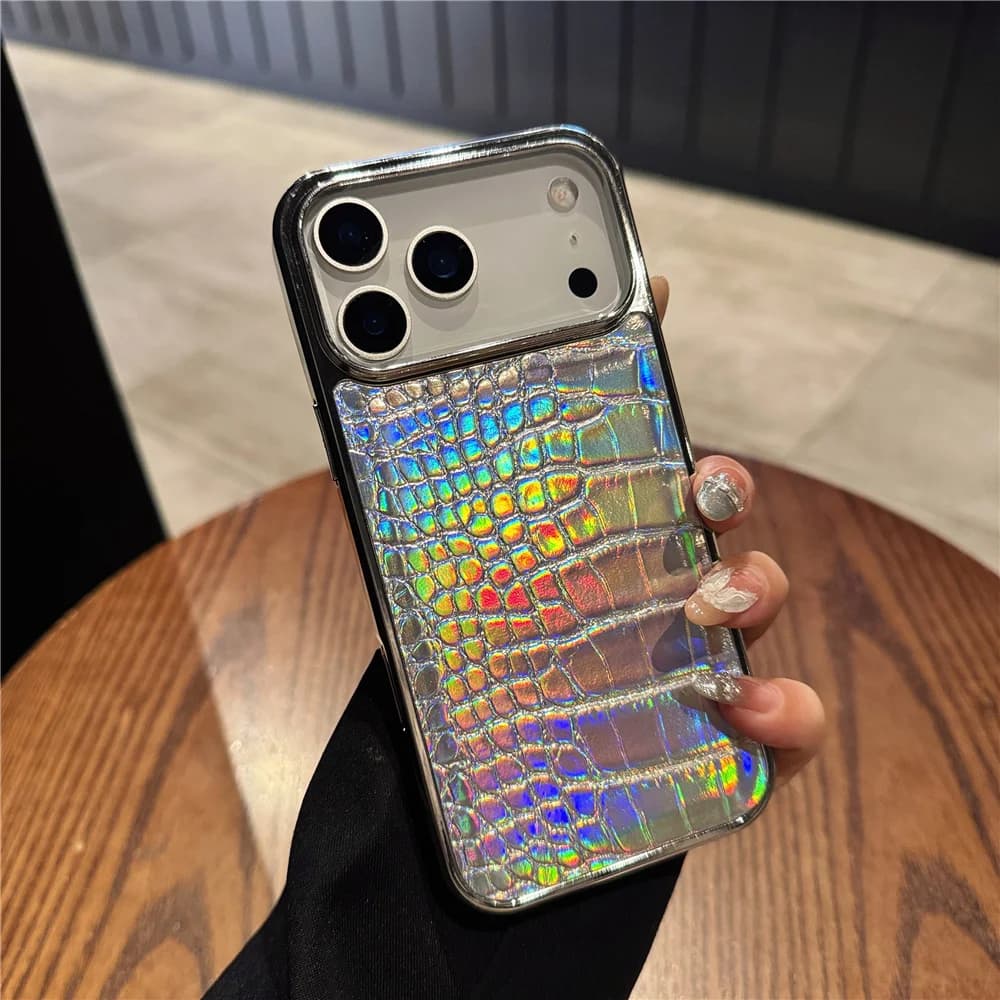 Luxury Crocodile Leather Pattern Laser Phone Case For iPhone 17 16 15 14 13 12 11 Pro Max Plus Glossy Plating Shockproof Cover