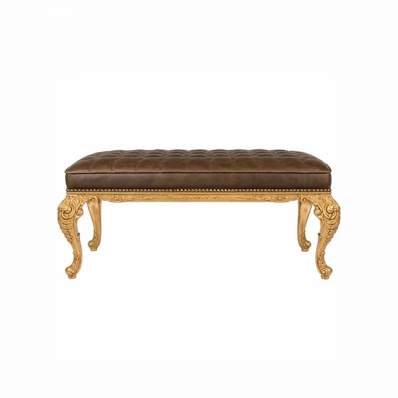 Gold Plated Tufted Leather Bedside Bench | French Classical Bedside Bench with Engraved Clover Legs