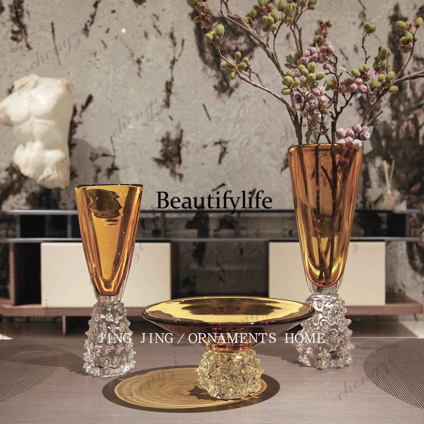Light luxury amber tall wine glass vase ornament, flower arrangement, living room, coffee table, dining table, flower vessel