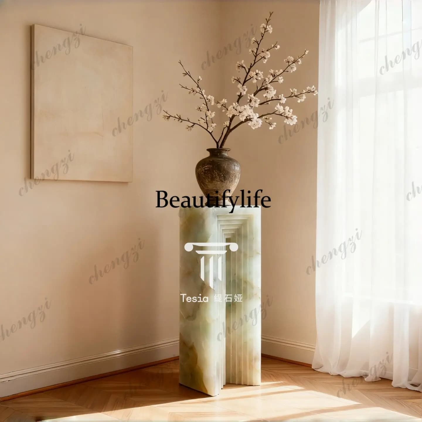 Amazing natural beige cave marble stone decorative ornament sculpture base column floor booth pier