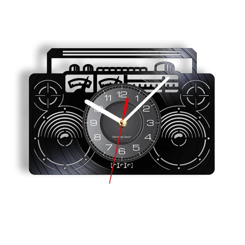 Boombox Radio Vinyl LP Record Wall Clock Ghetto Blaster Audio Art Hip Hop Dancer Vinyl Music Disks Wall Watch Music Studio Decor