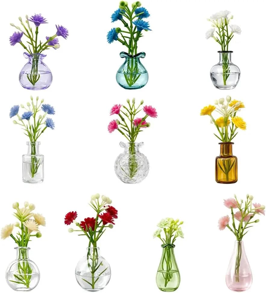 Mini Vase Magnets for Fridge, 10pack Cute Tiny Magnetic Glass Vases Refrigerator Accessories, Real Flowers Pot Magnet, Funny Aes