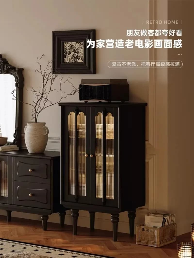 New Living Room American French Retro Glass Wine Cabinet Black Solid Wood Wall Facing Home TV Display Cabinet Hot Sales