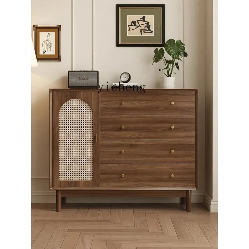 Storage Cabinet Retro Rattan Solid Wood Leg Storage Cabinet Wall Storage Drawer CabinetX24