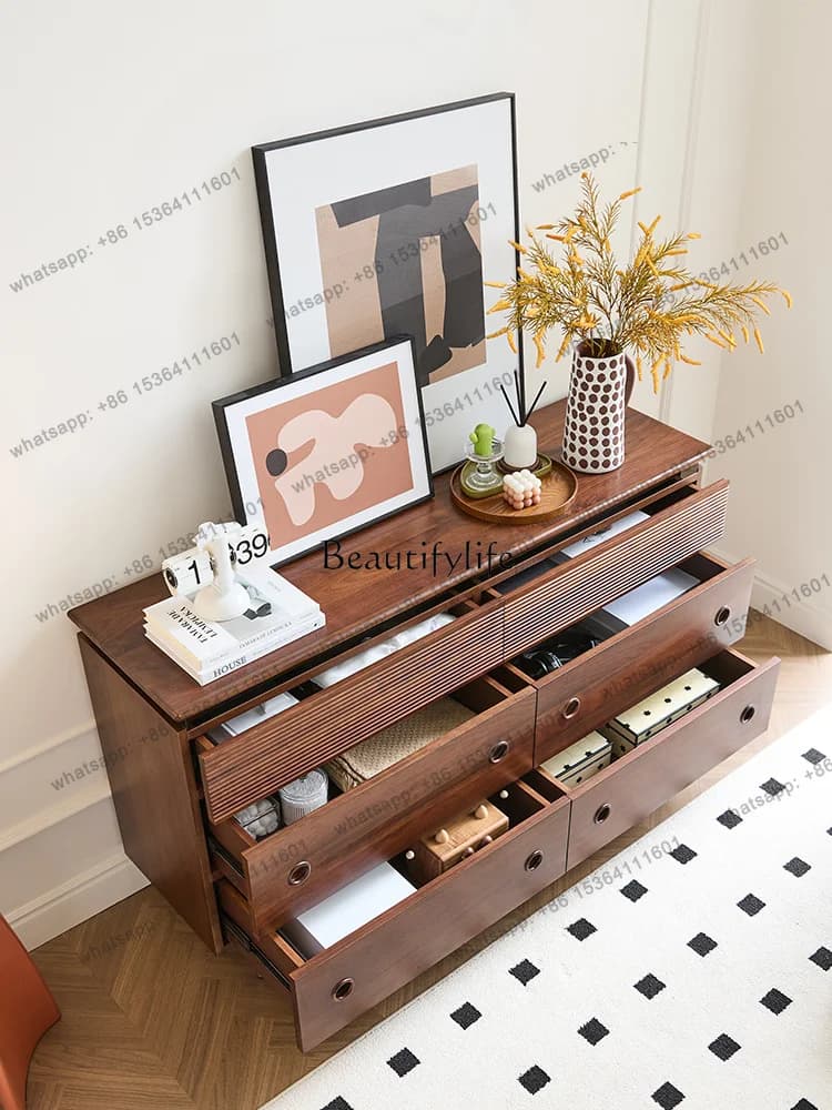 LD Medieval Black Walnut Solid Wood Living Room Bedroom Retro Storage Cabinet