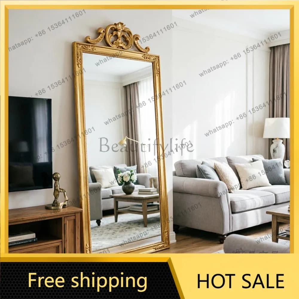 YJ French Retro Carved Rectangular Full‑Length Mirror Mid‑Century Vintage Unit For American Luxury Cloakroom Dressing Home Decor