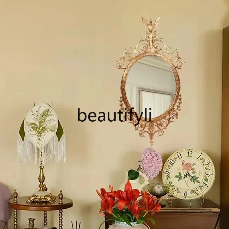 cn8617 ss French Retro Full Copper Decorative Mirror Oval European Style Living Room Entrance Grand Decorative Mirror