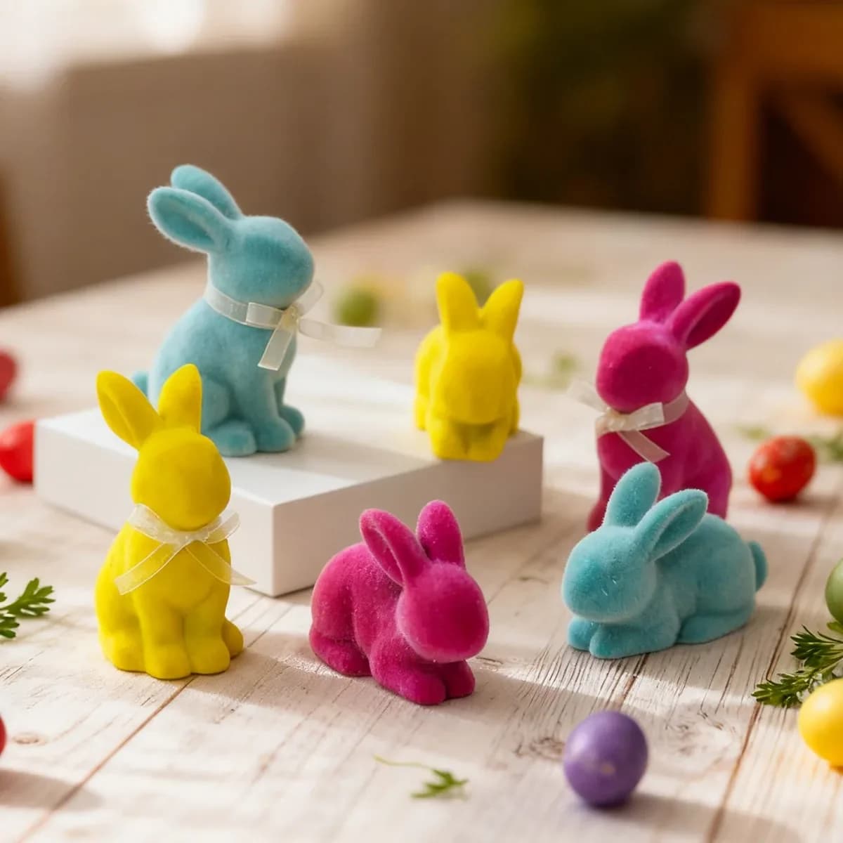 Easter Bunny Plush Resin Decor Yellow Blue Pink Rabbit Figurine Home Desktop Plush Easter Bunny Ornament Cute Home Decorations