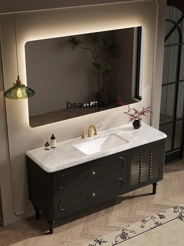 YH  French Retro Bathroom Cabinet Combination Natural Luxury Stone Bathroom Table Washbasin Bathroom