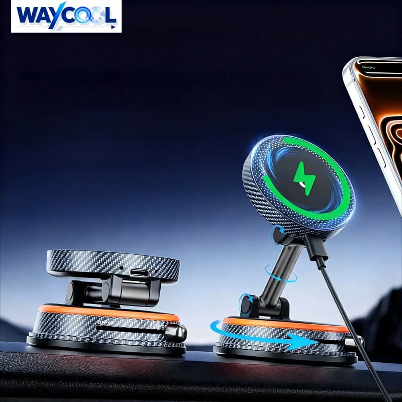 WAYCOOL Magnetic Car Phone Holder, 15W Fast Wireless Charger for iPhone MagSafe 4-Axis Foldable 1080° Rotation Vacuum Adsorption