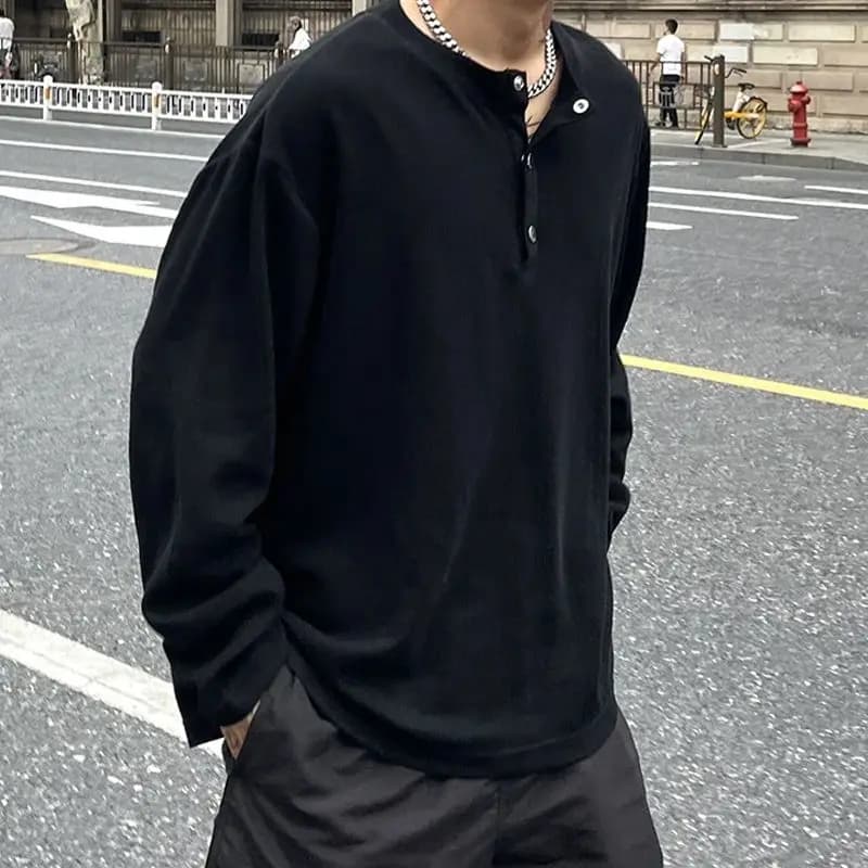 Men's Trend Button Loose T Shirts Spring Autumn New Long Sleeve Solid Color Plus Size Tops Tees Fashion Casual Men Clothing