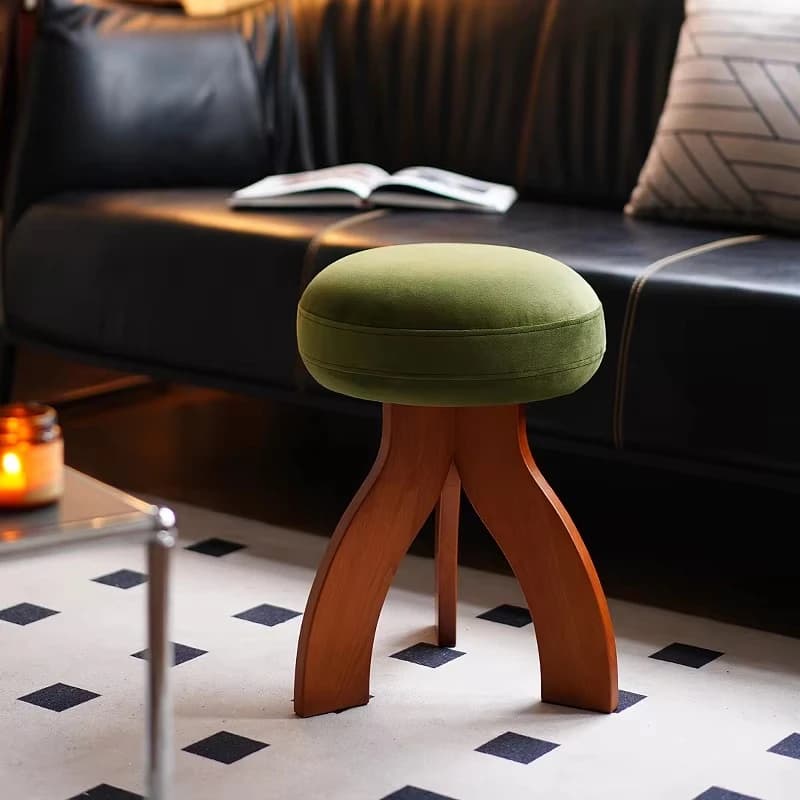 Solid ash wood round stool with velvet upholstered dressing table living room