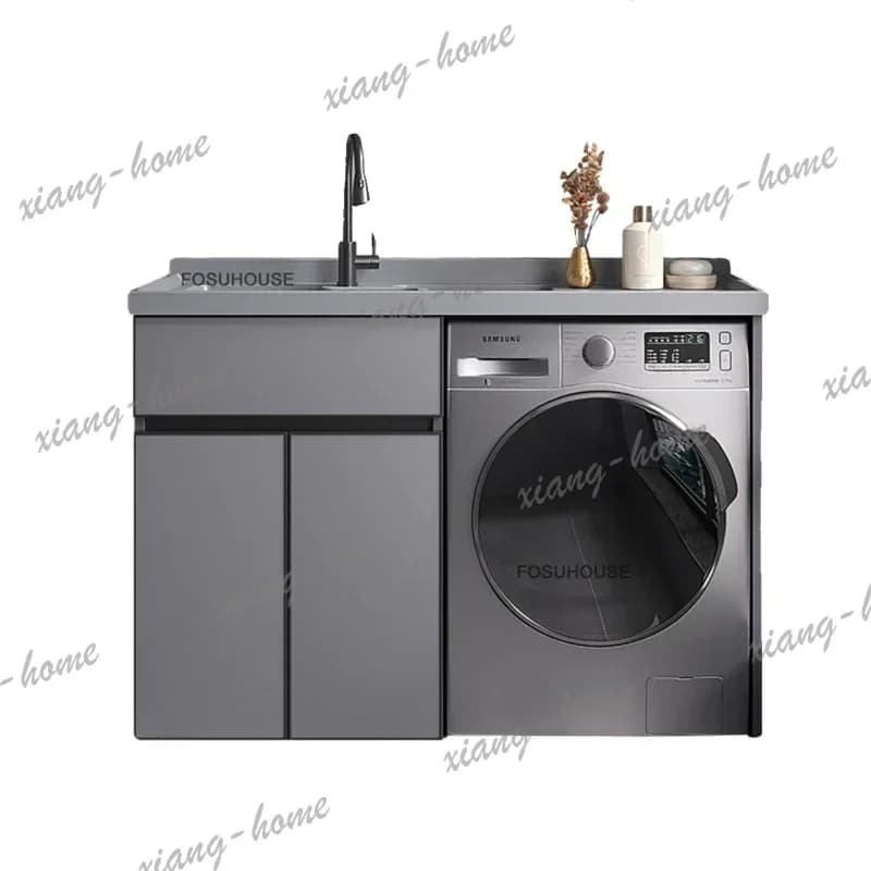 PG Space Aluminum Bathroom Cabinet Wall Mounted Laundry Storage Organizer combin with Built-in Sink and Washboard for Small