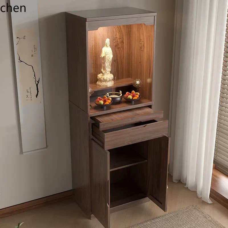 r5.21 New Chinese Style Solid Wood Standing Cabinet Black Walnut Guanyin Buddha Statue Altar Home Shrine Altar Cabinet