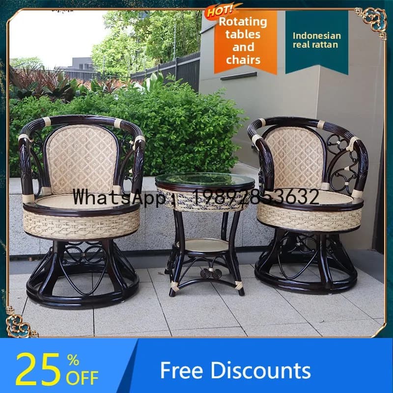 LYY  Chair Coffee Table Balcony Tea Table and Chair Three-Piece Set Leisure Rattan Wood  Backrest